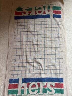 Vintage Dundee 'Hers' Cotton Blend Bath Towel Tan with Grid and Stripes Made in